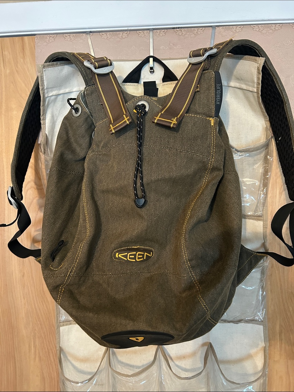 Keen Men's Olive Green Canvas Backpack with Yellow Accents